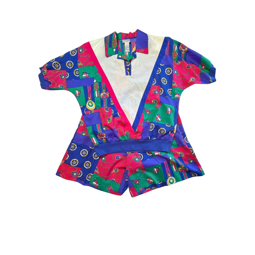 Vintage 80s Nautical Two Piece Set Sz S Pink Blue Grandpacore Resortwear Beachy